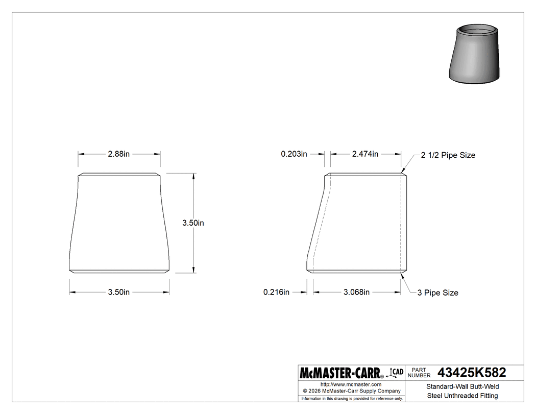 Technical Drawing of Standard-Wall Butt-Weld Steel Unthreaded Fitting, Offset Straight Reducer, 3 x 2-1/2 Pipe Size.